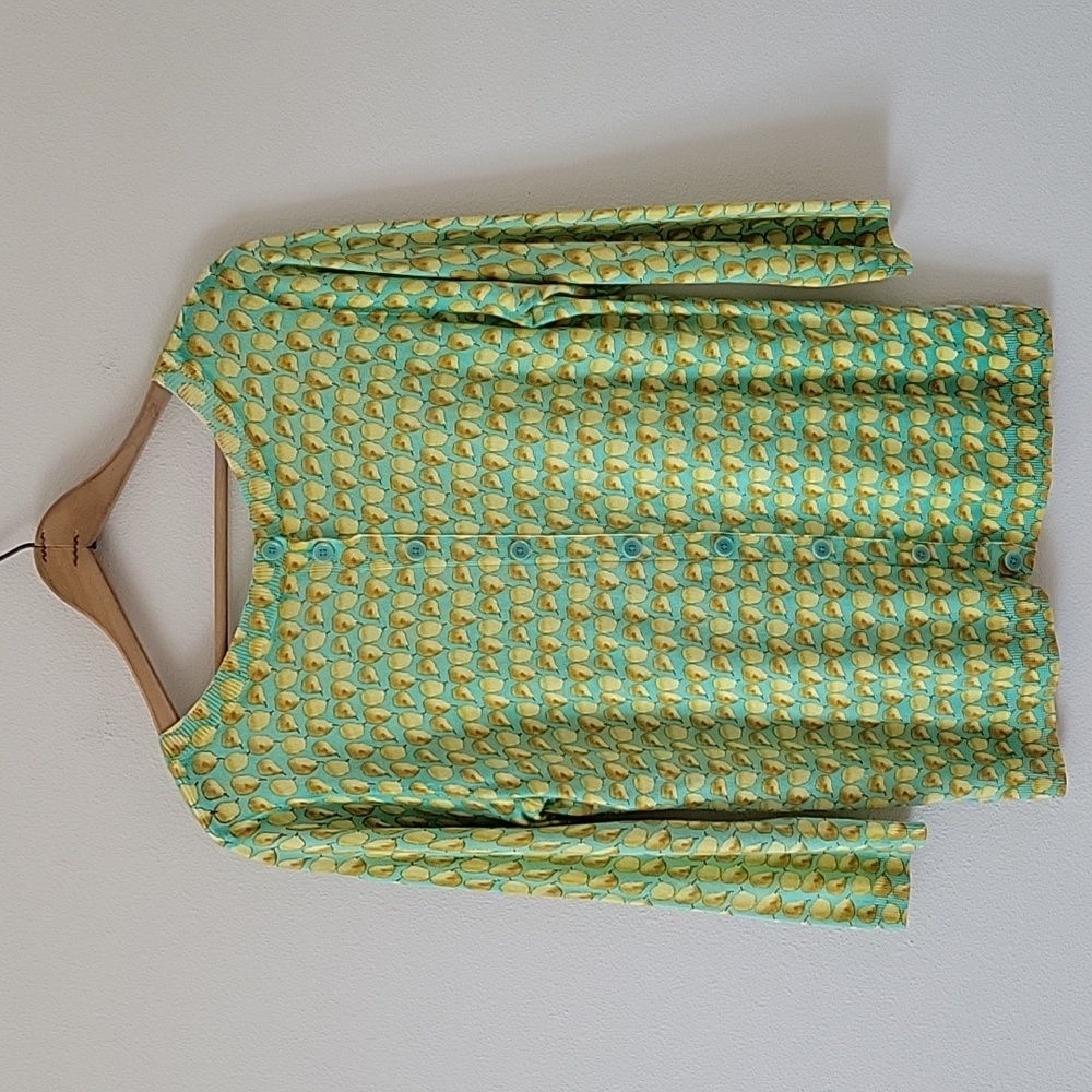 Talbots Green Yellow Pear Pattern Button Back Swe… - image 3